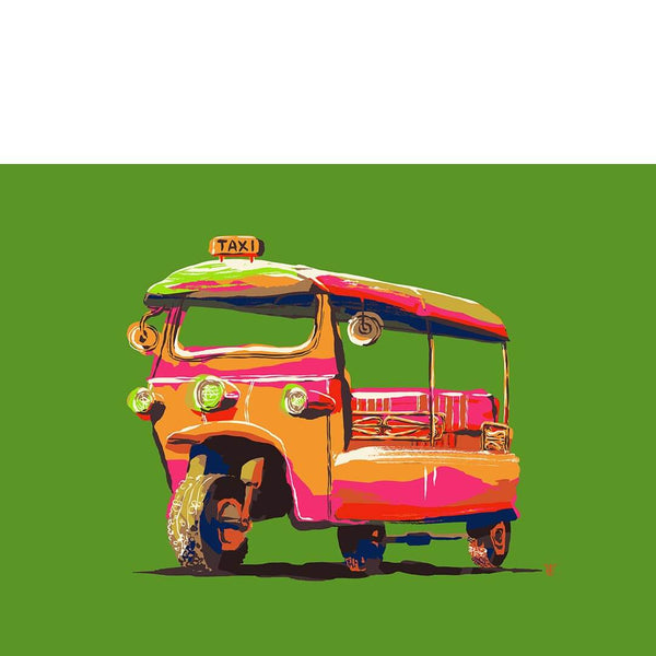 tuk-tuk art print poster of colorful line drawing on green background