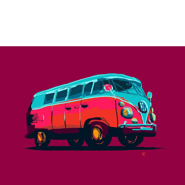 vintage antique bus van art print of colorful line drawing on purple background