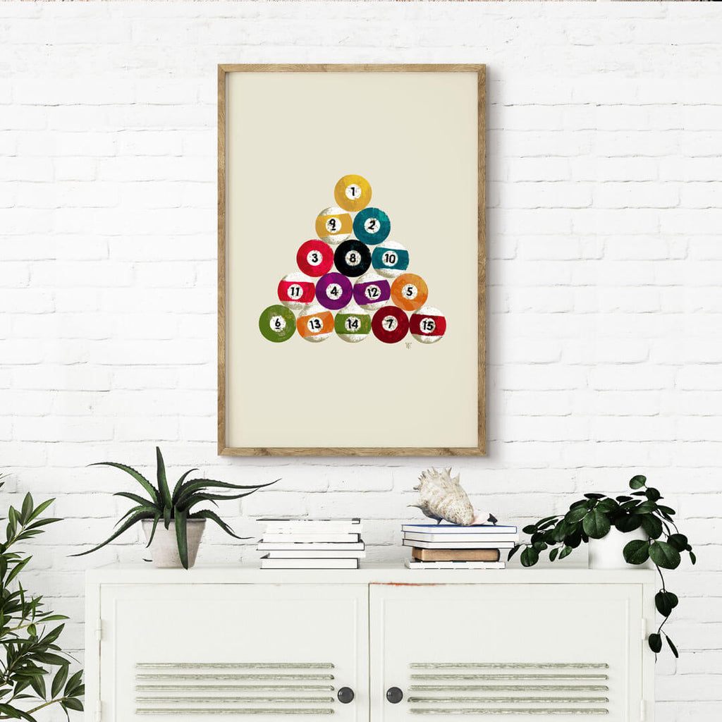 racked pool balls poster in game room