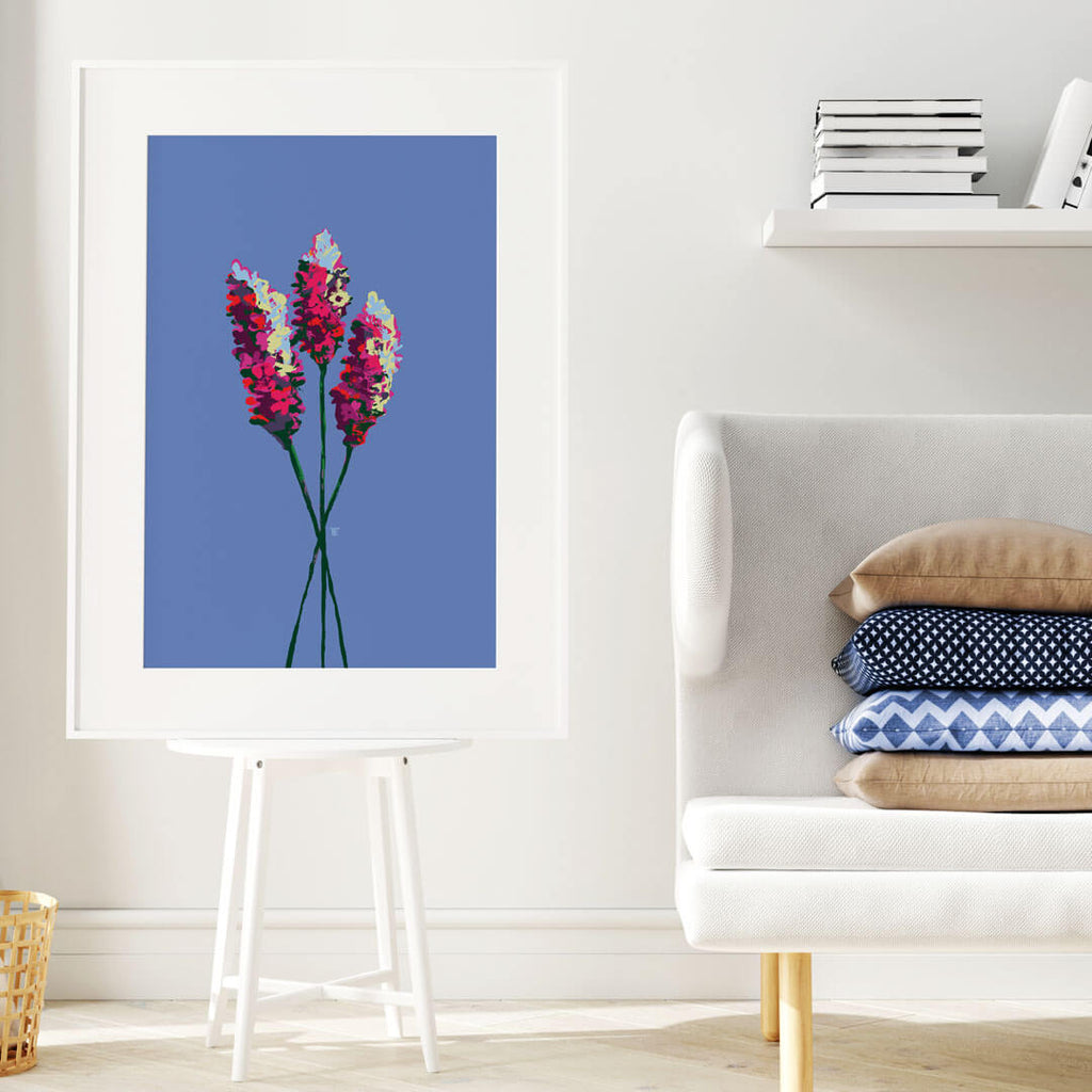 modern lavender floral painting in light interior