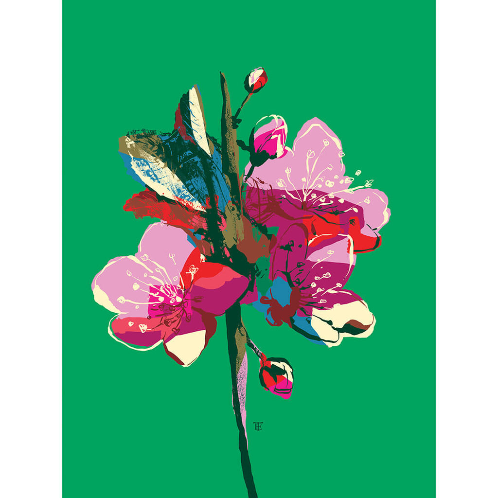 cherry blossom wall art in bright green and pink