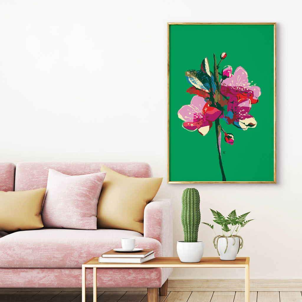 modern chinoiserie cherry blossom painting in green and pink