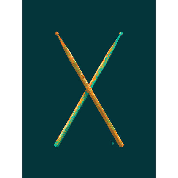 cool drumsticks art print in teal and orange