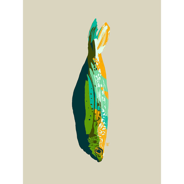funky sardine art print painting in bright greens