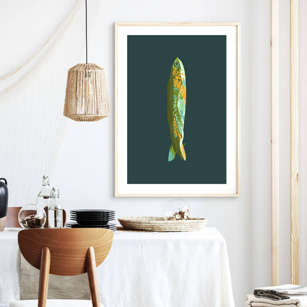 modern pop art anchovy painting in greens