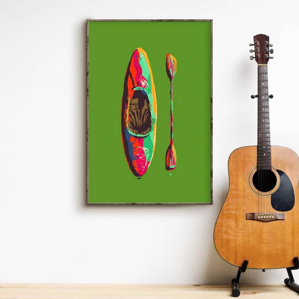 colorful kayak art print on green