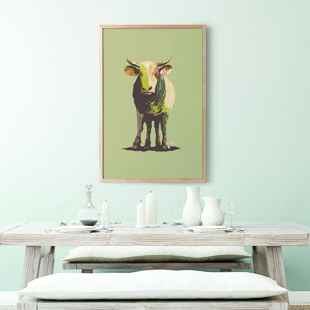 modern farmhouse bull art print in green, pink, and gray
