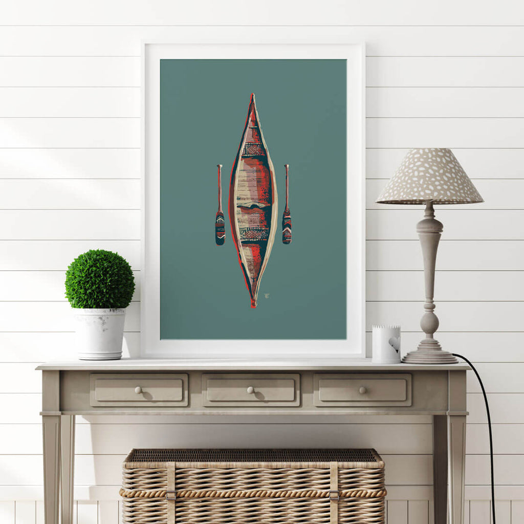 cool canoe art print in lake house