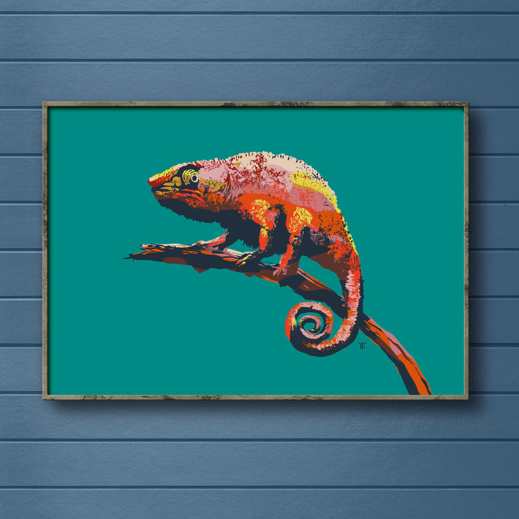 modern chameleon art print in bright Pop Art Colors
