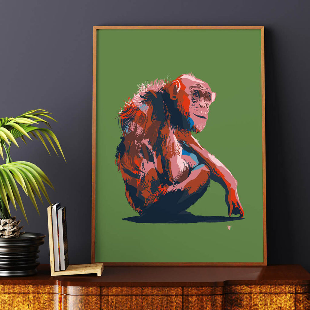modern chimpanzee art print in green, red, and brown