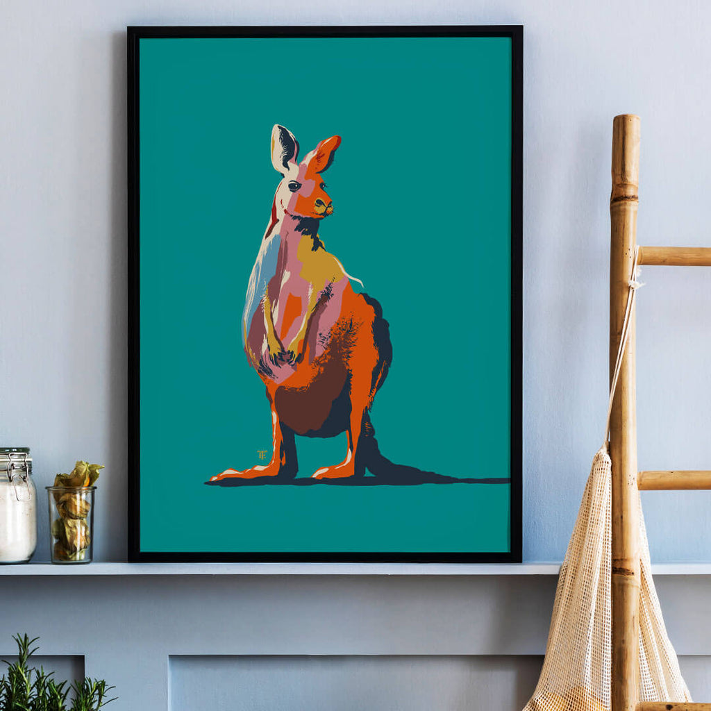 modern kangaroo art print in bright, bold colors