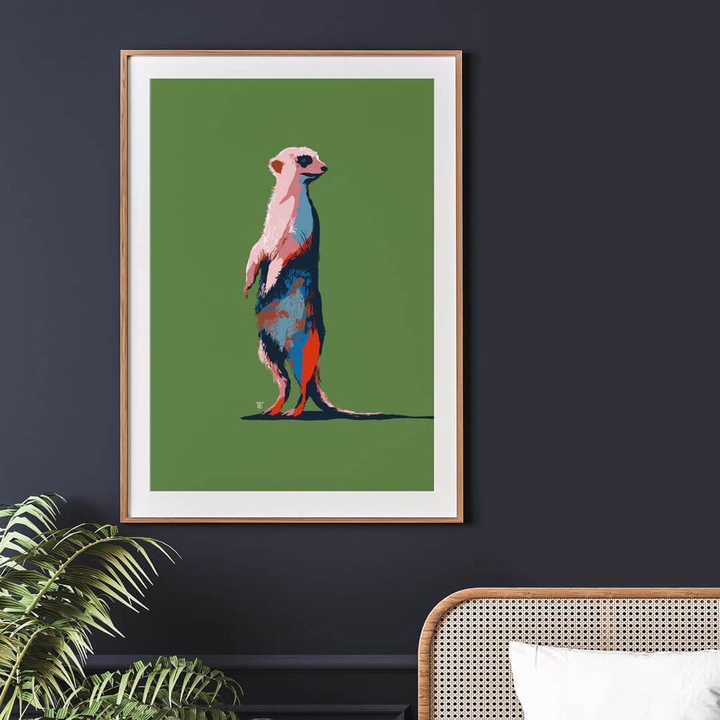 modern meerkat art print in bright green, blue, and red