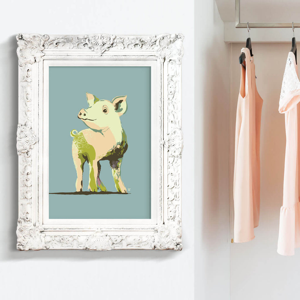 modern piglet art print in colorful blue, green, and beige