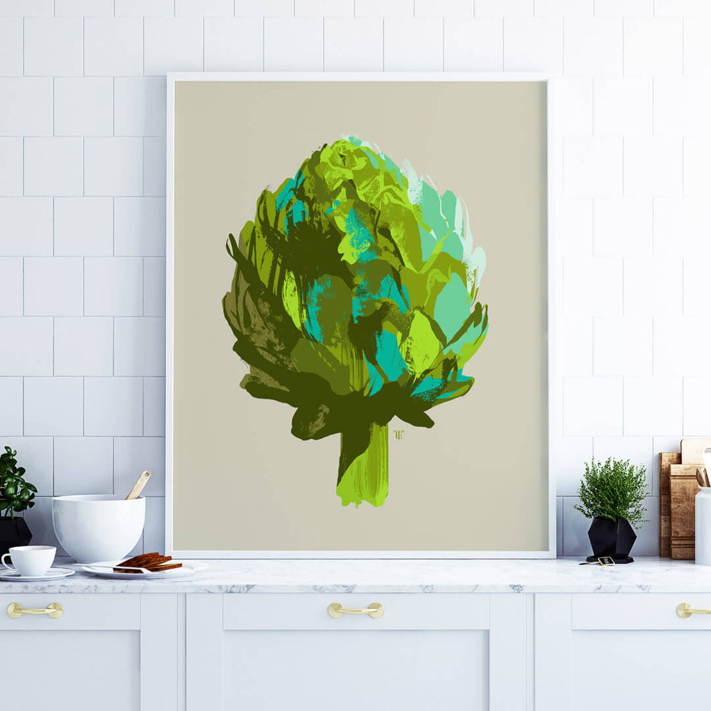 pop art artichoke painting in light kitchen