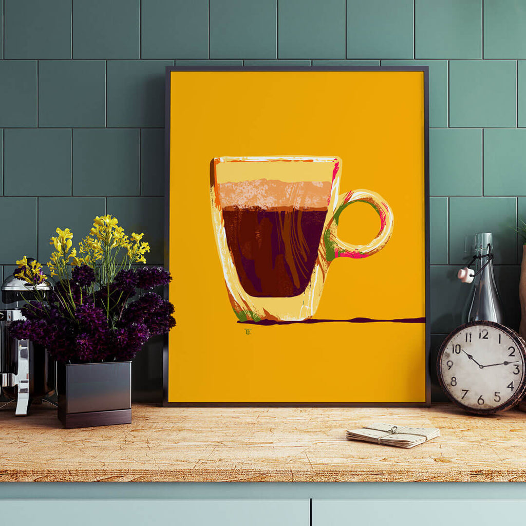 funky espresso art print on bright yellow background