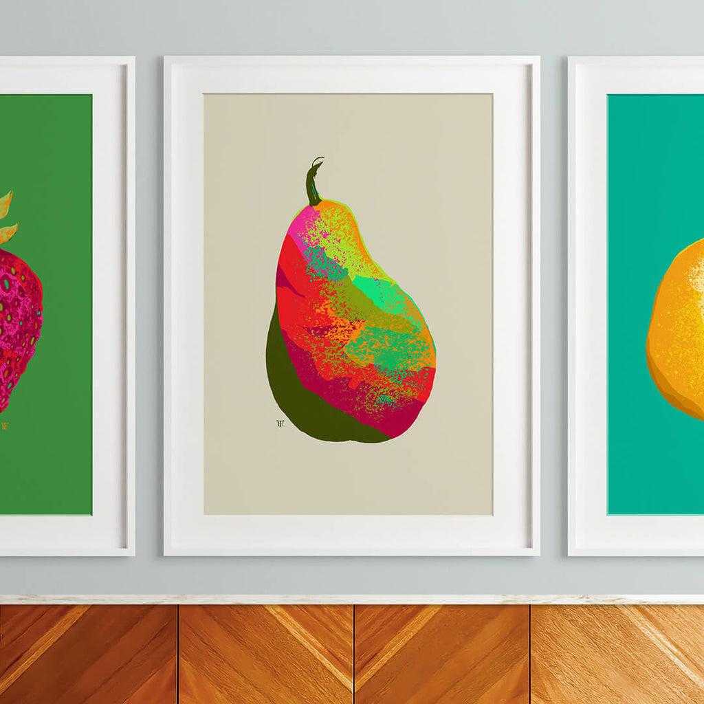 pear wall decor on credenza