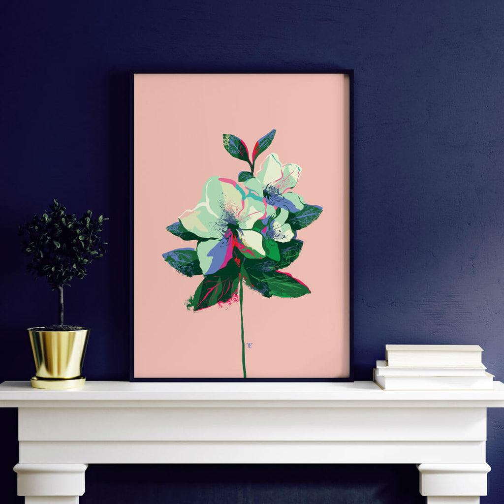 modern floral azalea art print over mantel