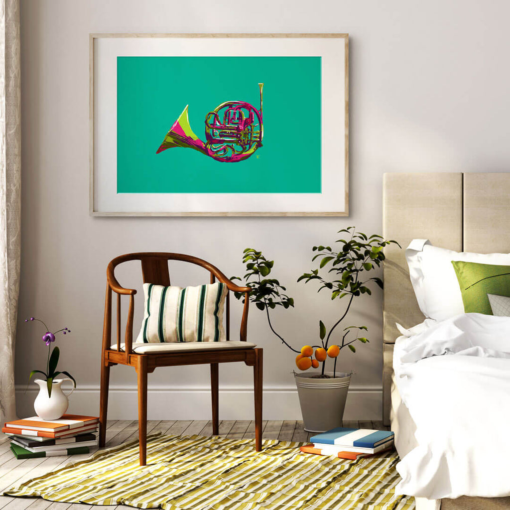 pop art french horn poster in bedroom