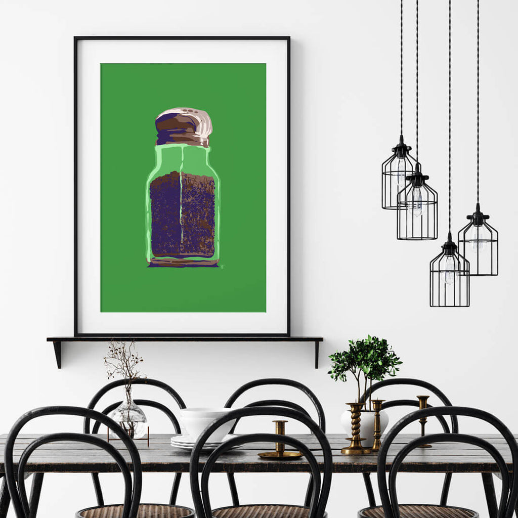 pop art pepper shaker in kelly green and navy blue