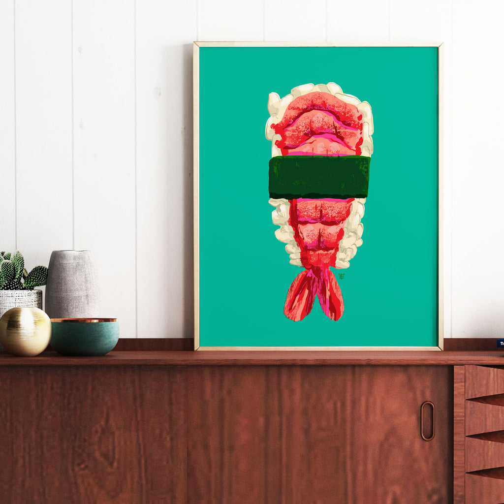 funky modern shrimp sushi painting print
