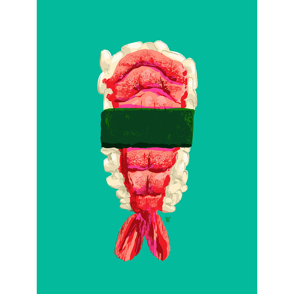 Pop Art Shrimp Sushi art print in pink and aqua