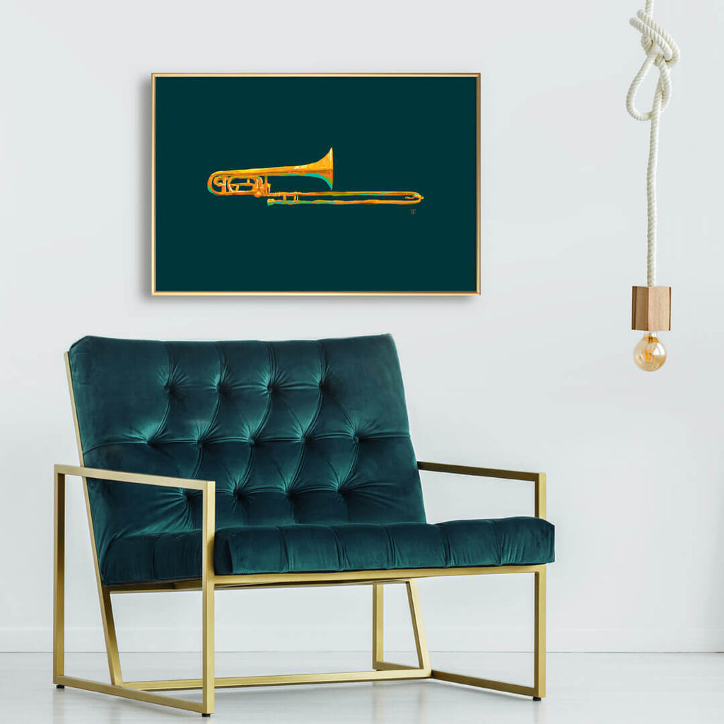 colorful modern trombone art print in stylish room