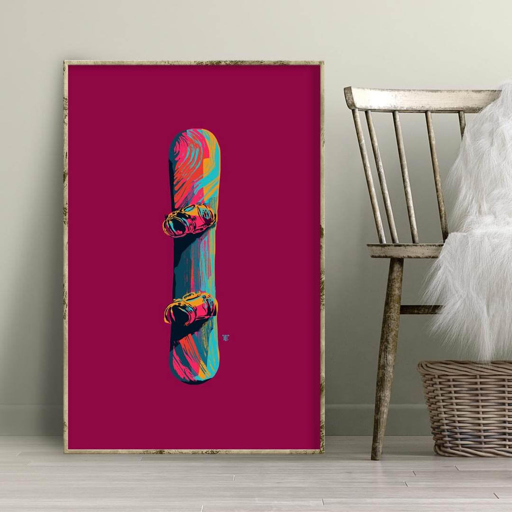 funky, colorful art print of a snowboard