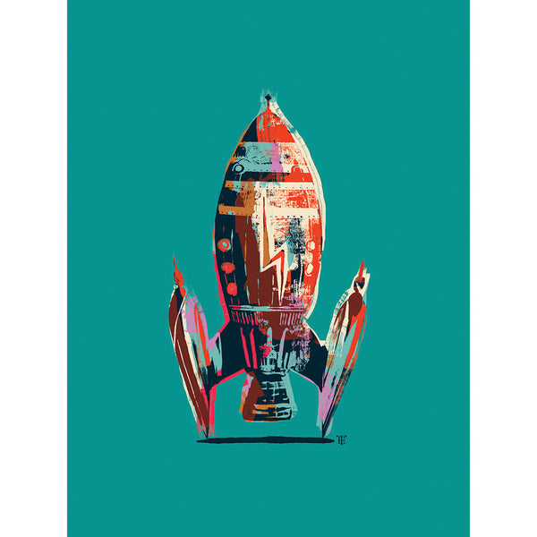 retro toy rocket art print in colorful tones