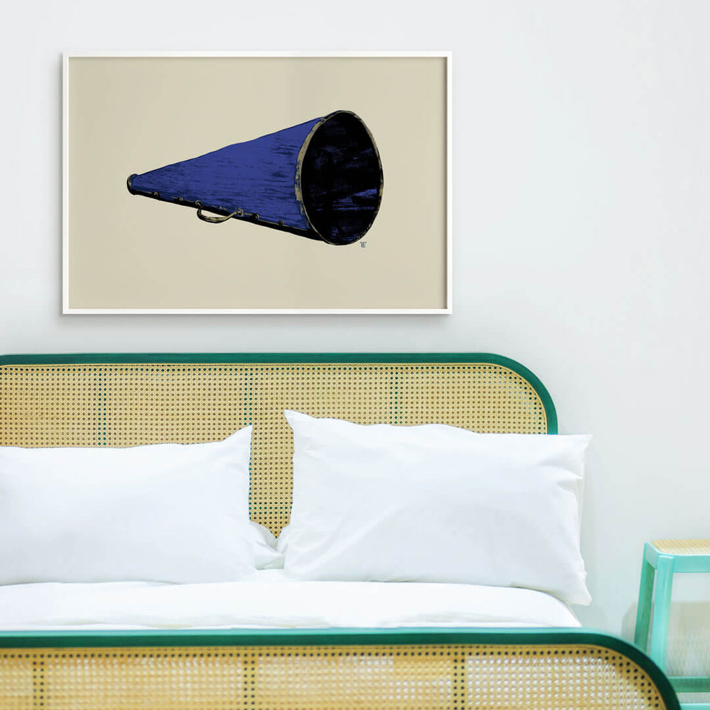 blue cheerleader megaphone art print