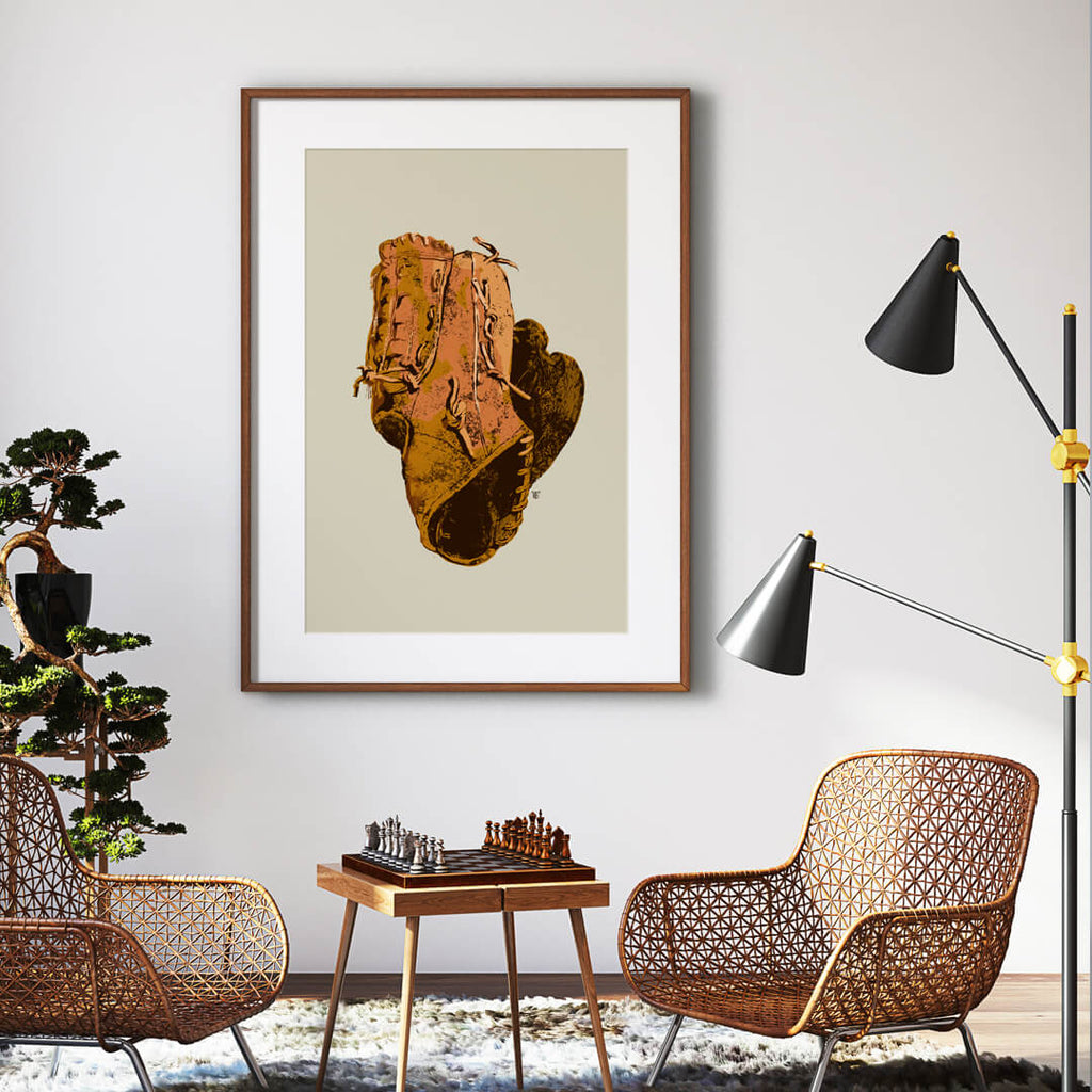 old baseball glove art print in field house lobby