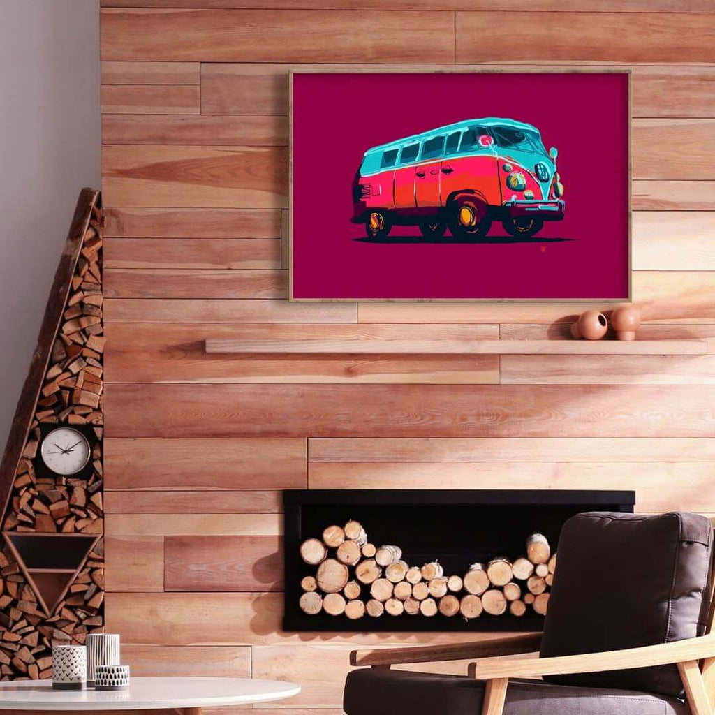 vintage antique bus van art print of colorful line drawing on purple background