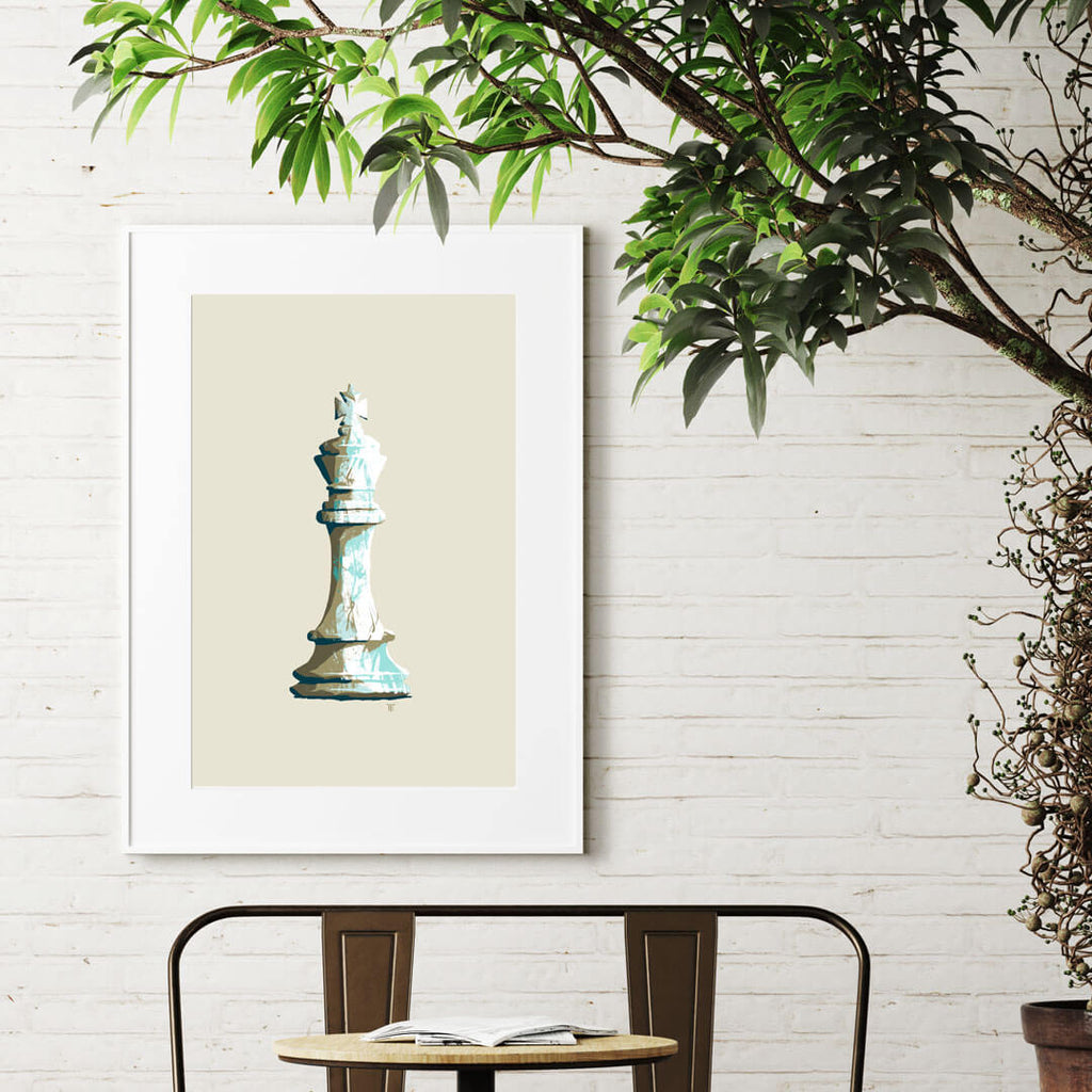 white chess king art print in sunroom