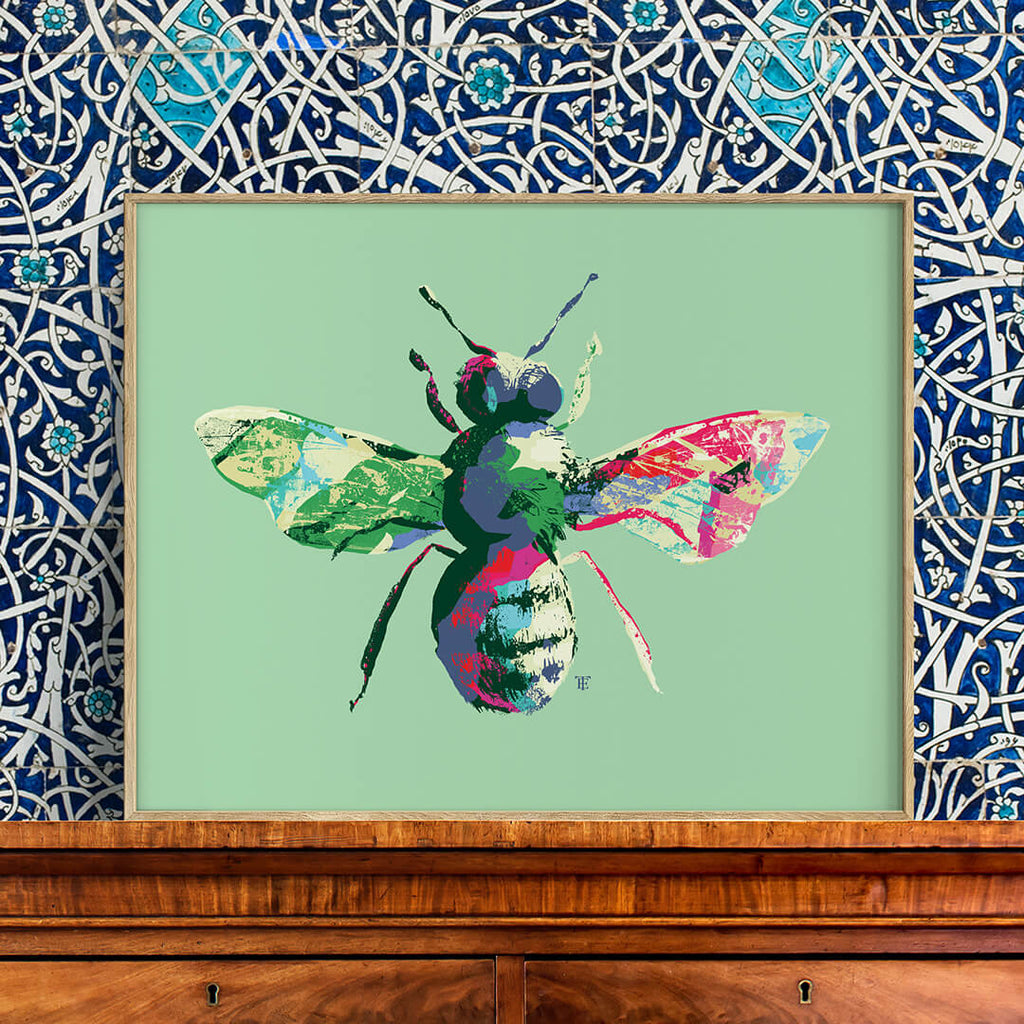 bee print in room with blue wallpaper