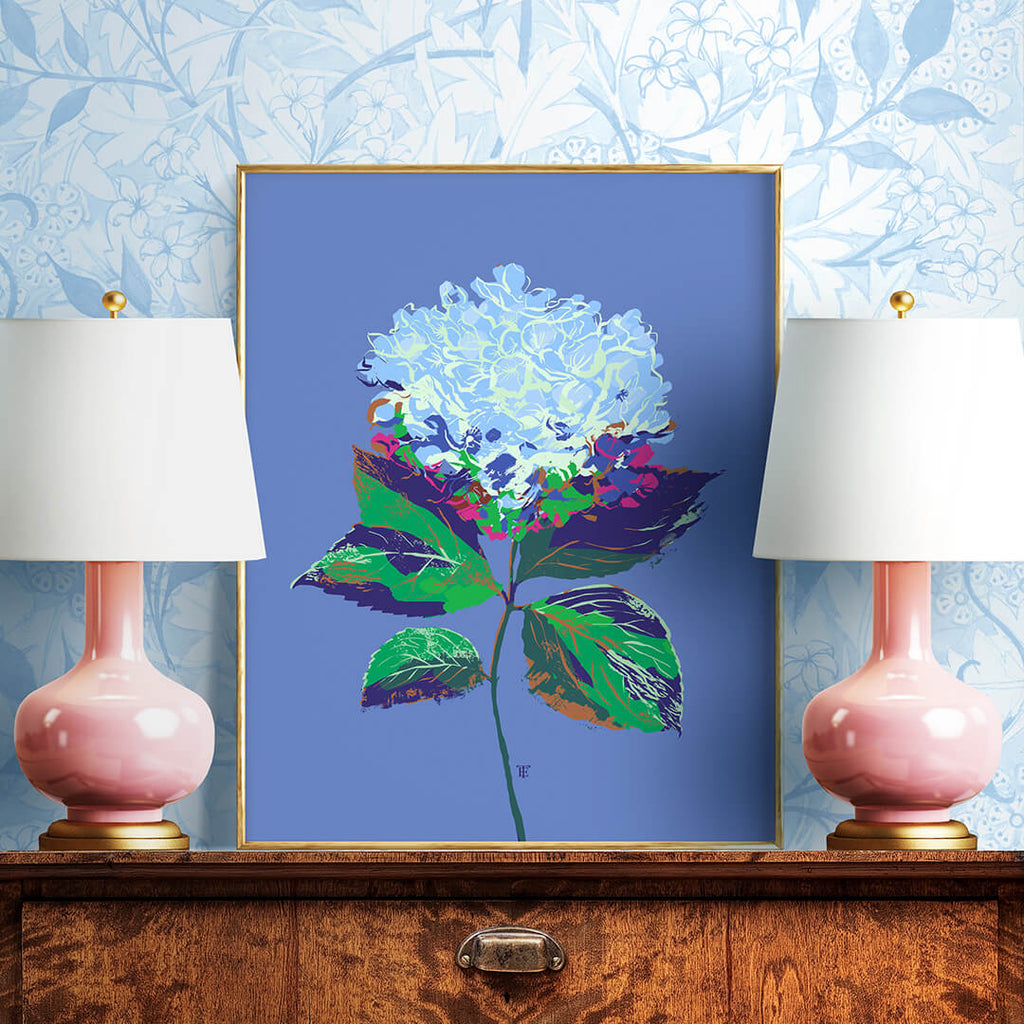 blue hydrangea painting in traditional living room