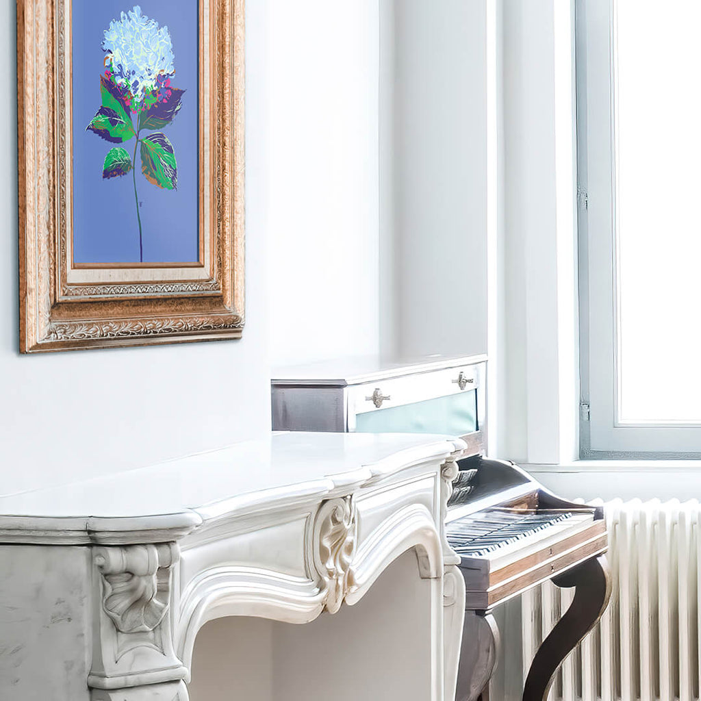 blue hydrangea art in music room