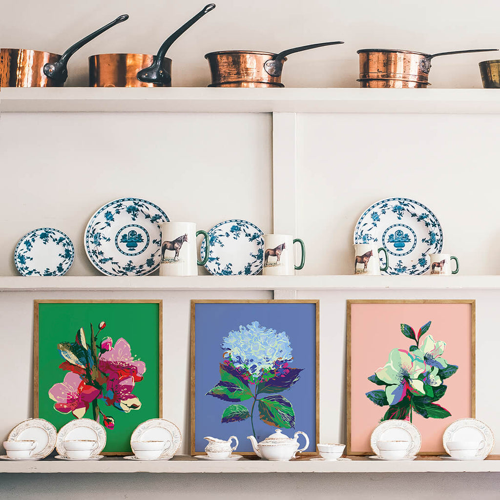 blue hydrangea wall art in English kitchen