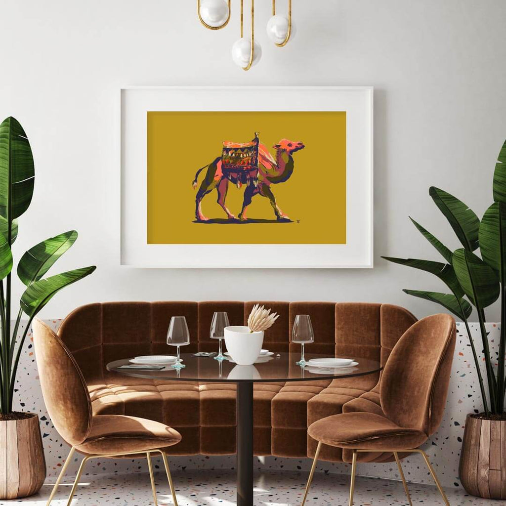 colorful art print poster of camel on mustard yellow background