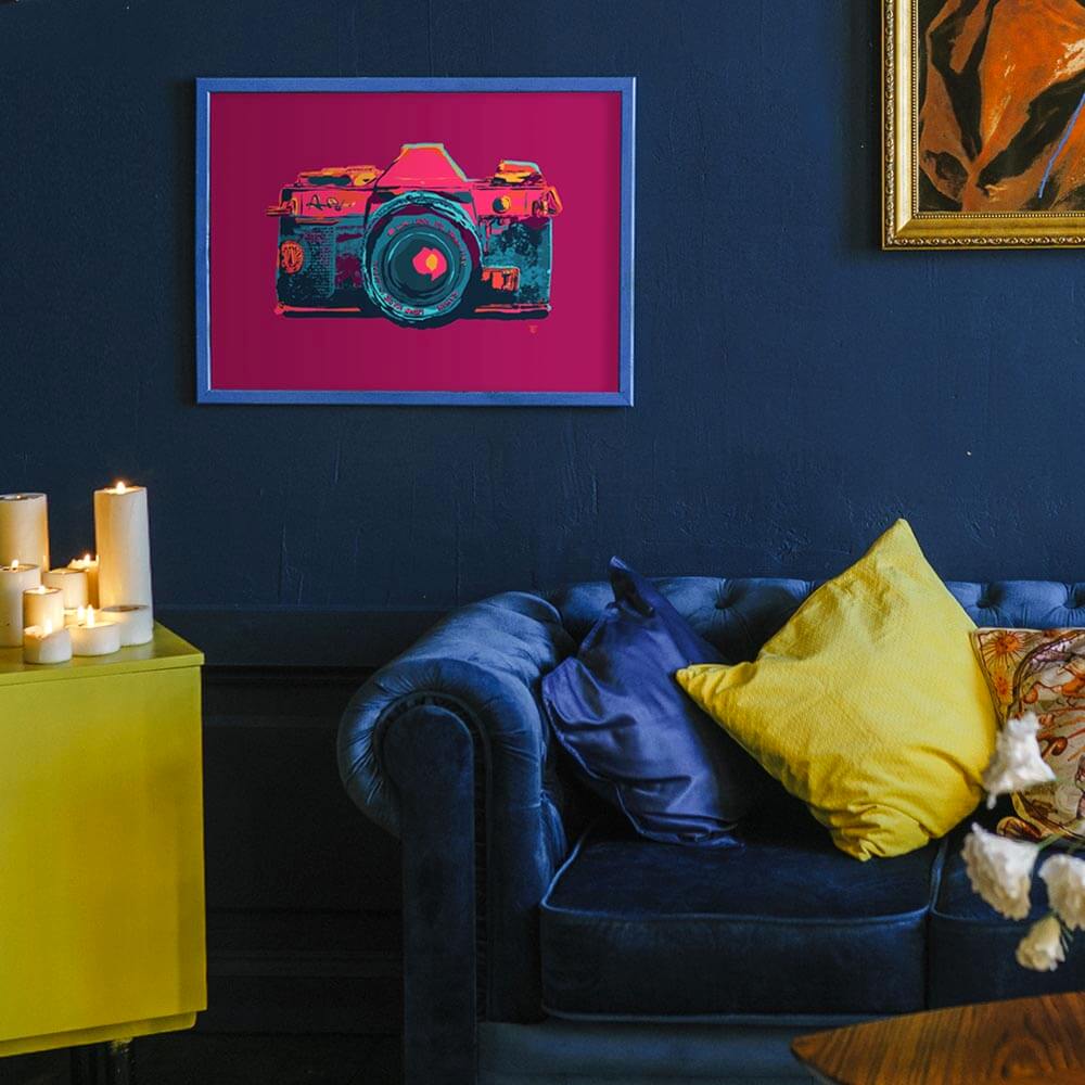 colorful art print of vintage antique camera