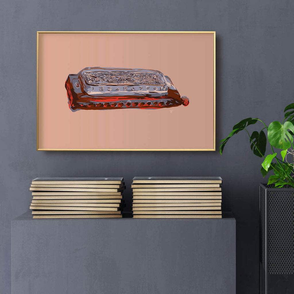 colorful modern art print of a harmonica