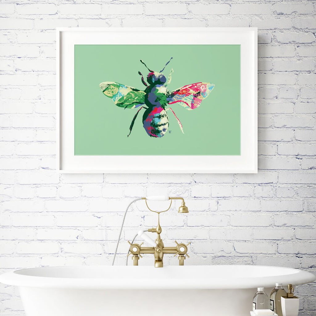 bee print in bright bathroom