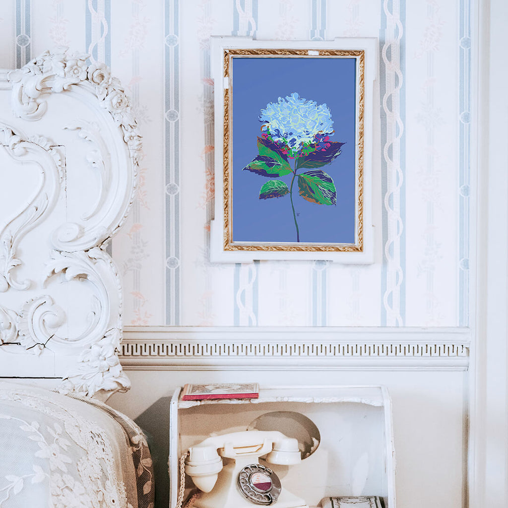 hydrangea botanical illustration in vintage bedroom