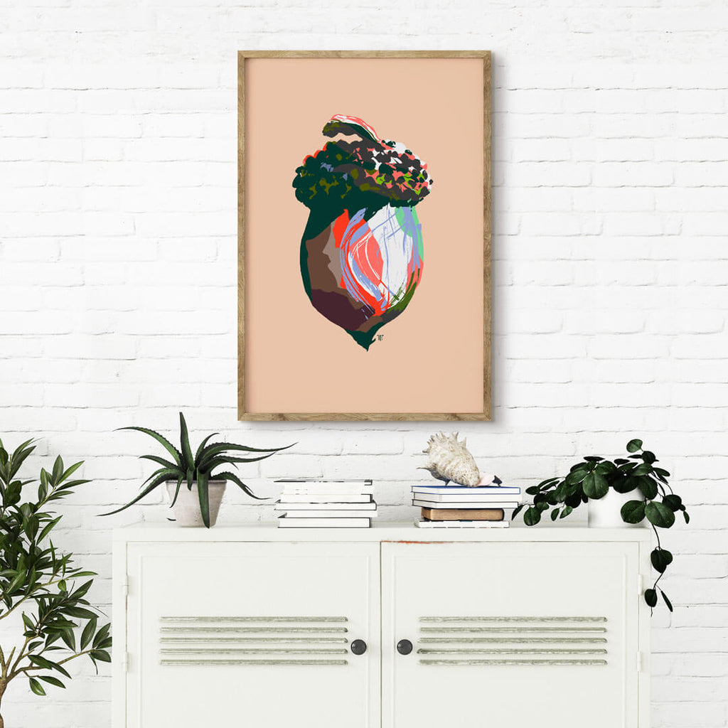 stylish acorn art print in living room