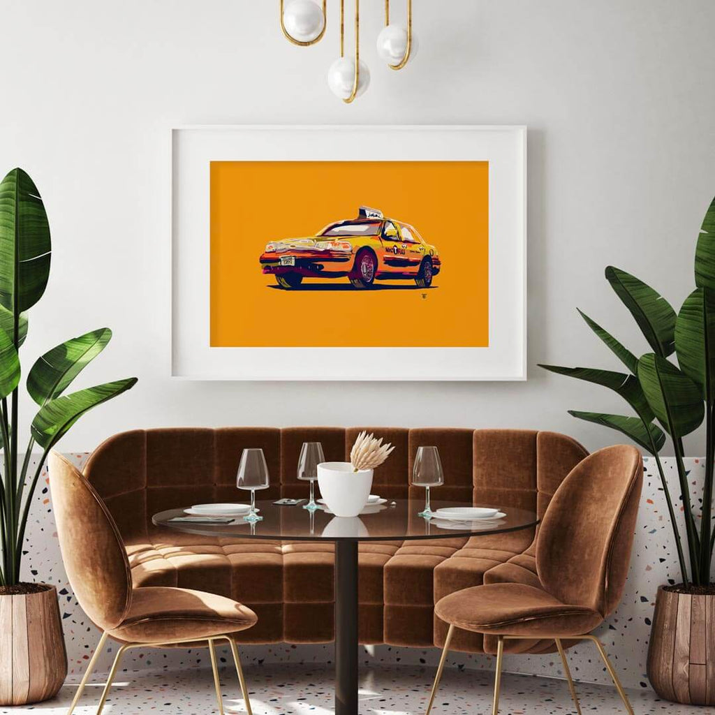 New York Taxi Cab Art print in bright colors on yellow