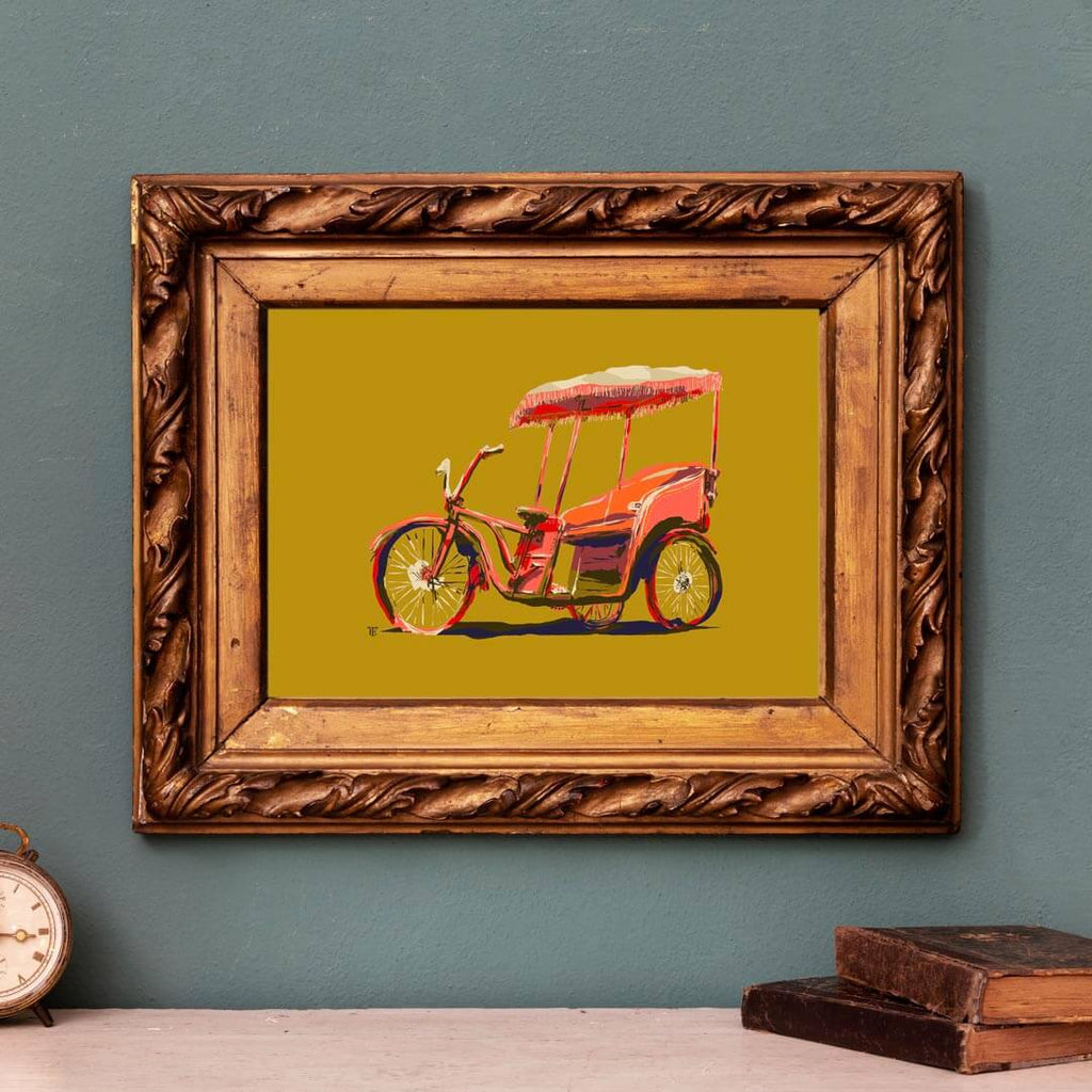 colorful art print of a pedicab taxi