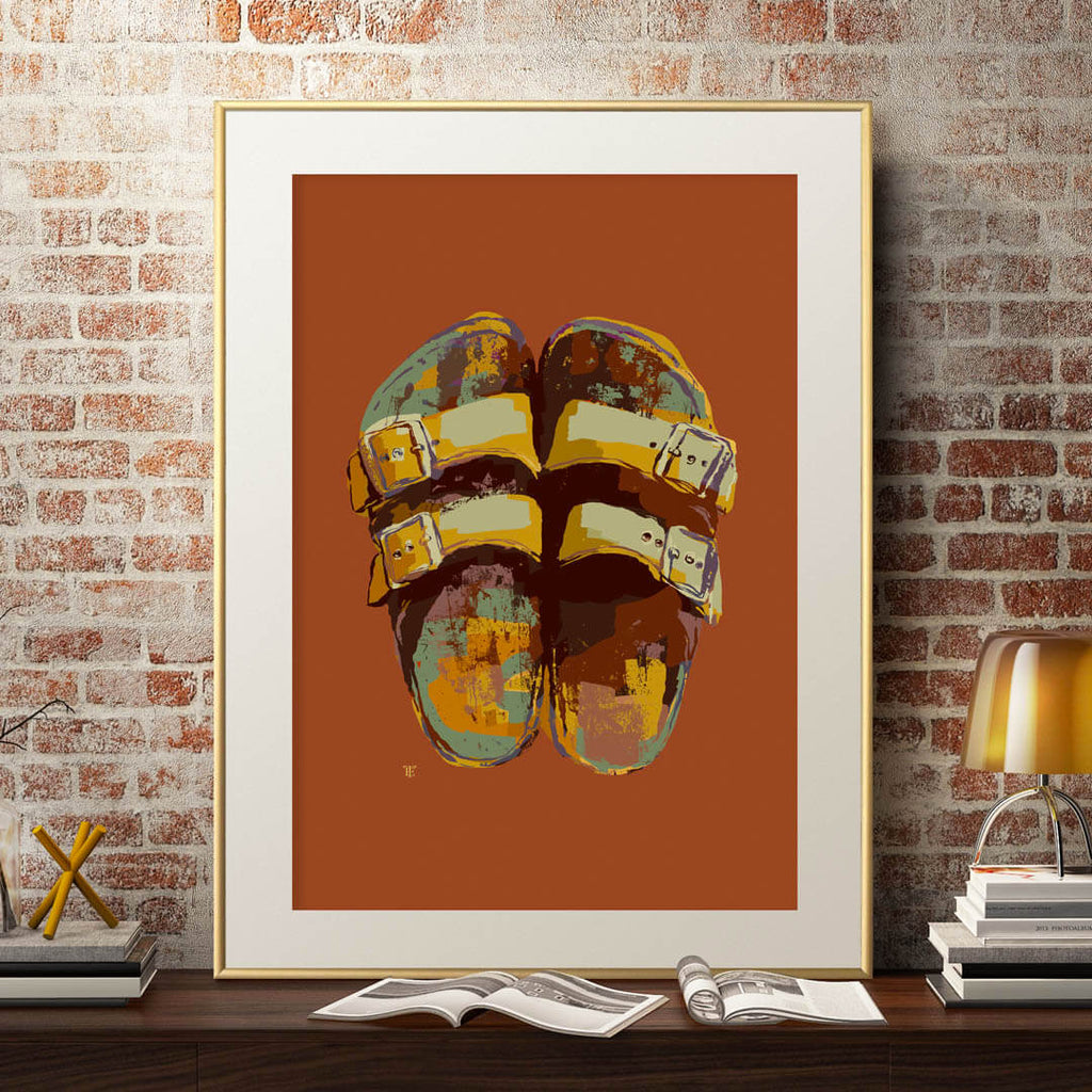 colorful art print of leather sandals