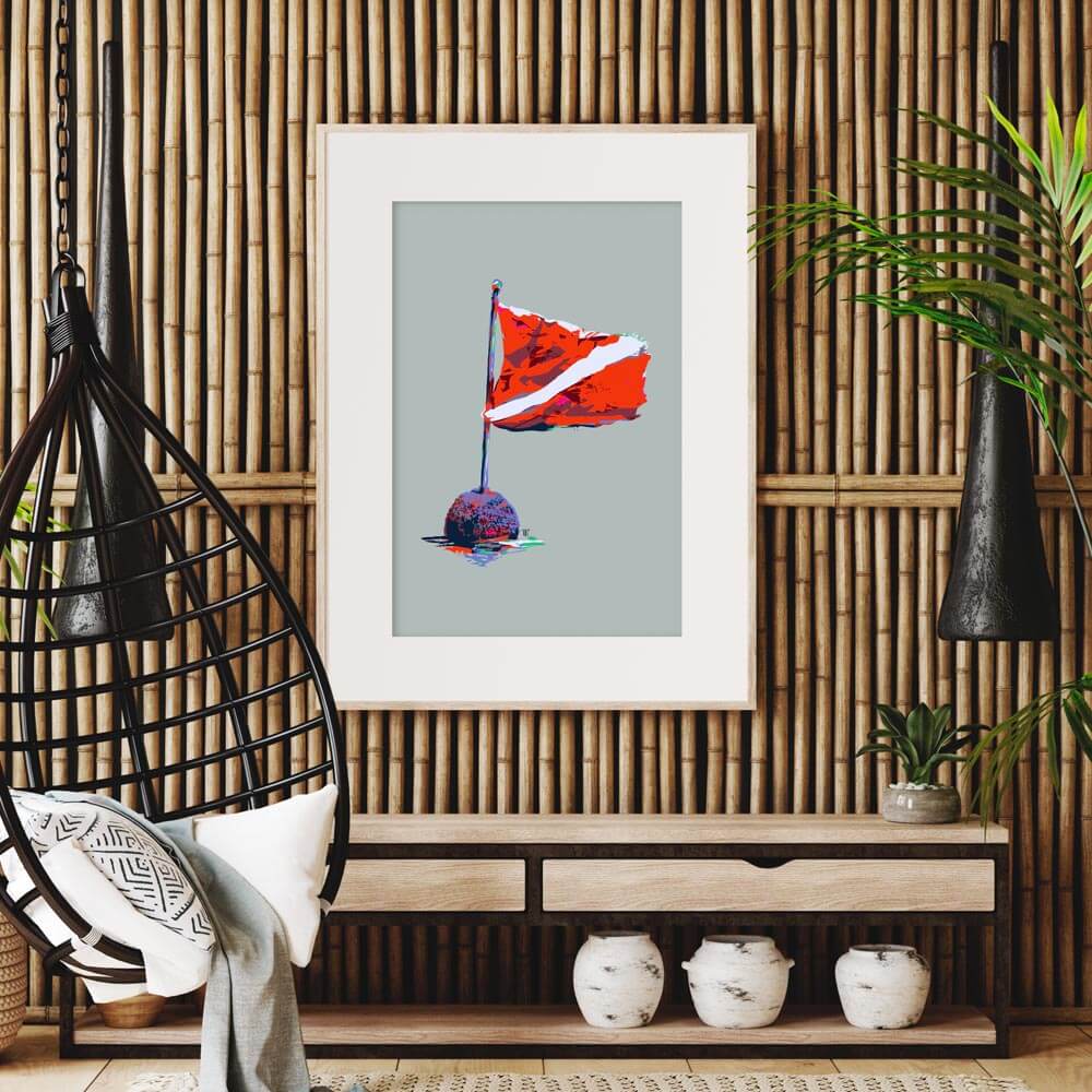 colorful scuba diver down flag art print