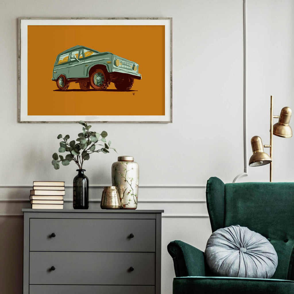 art print of a vintage 4x4 in green and orange
