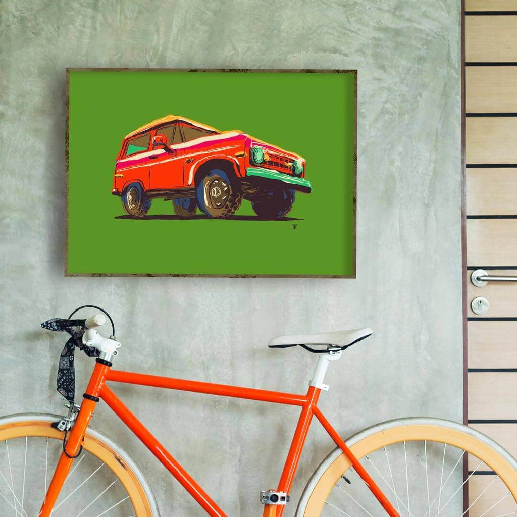 vintage antique SUV 4x4 art print poster of colorful line drawing on green