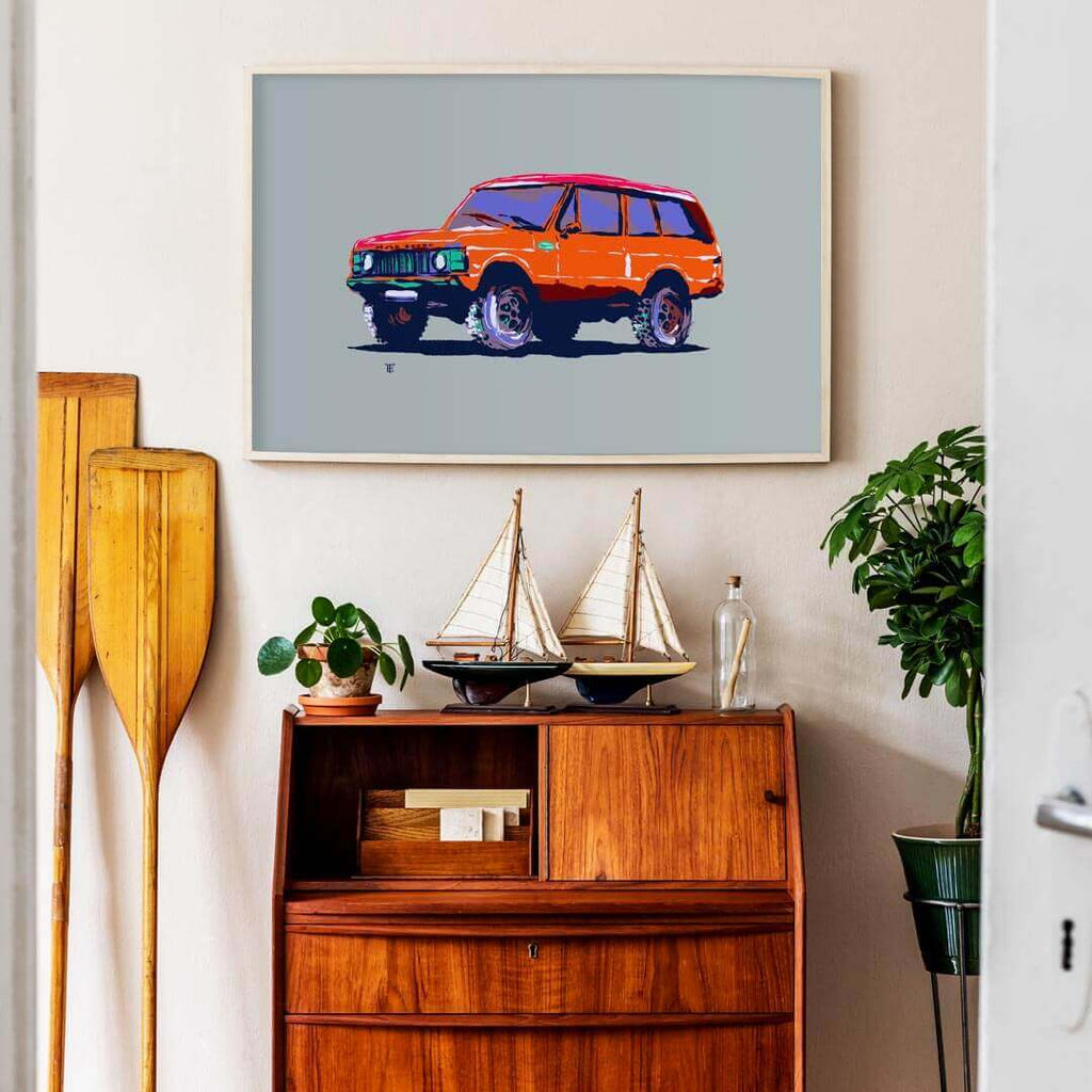 vintage antique SUV 4x4 art print poster of colorful orange line drawing
