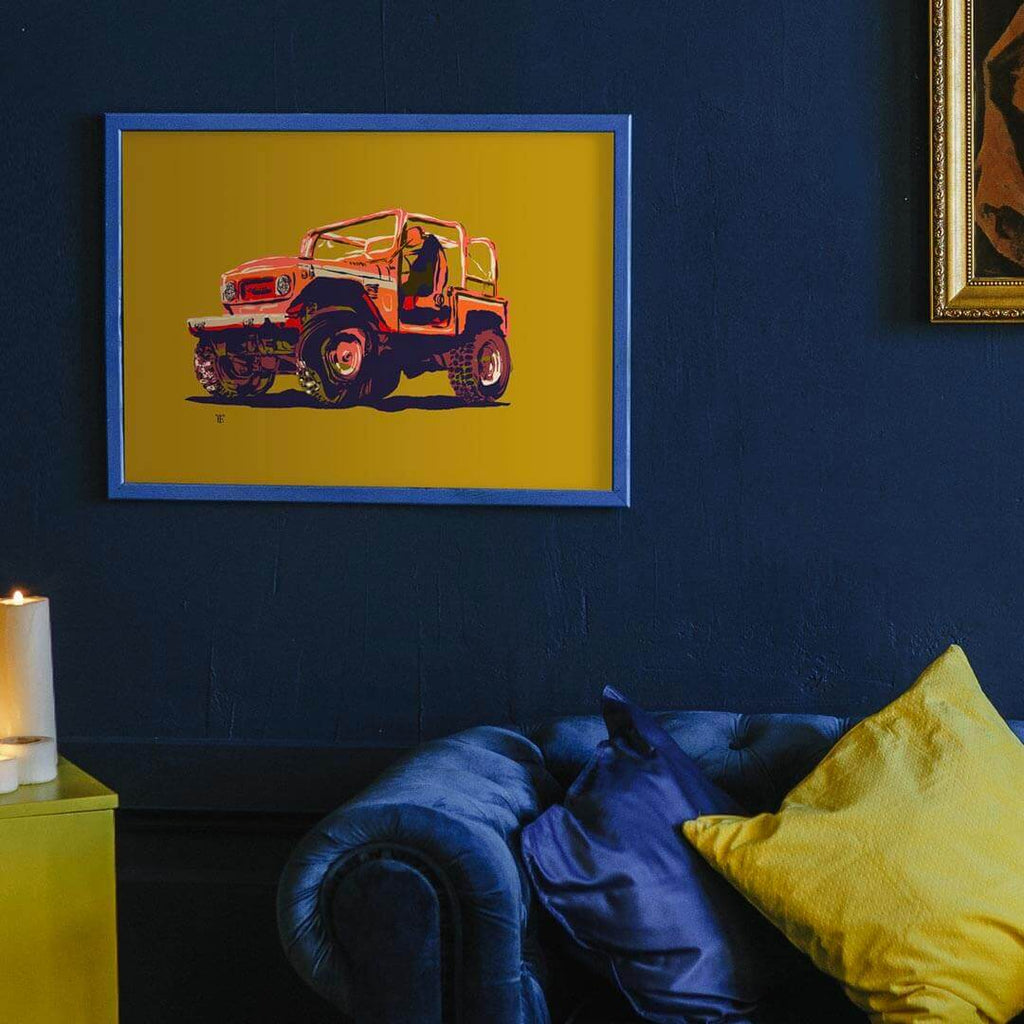 vintage antique SUV 4x4 colorful art print on mustard yellow background